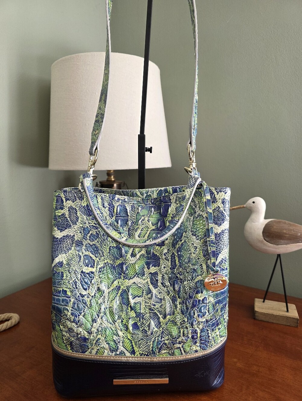 Brahmin Amelia MacKay Green Viper Embossed Leather Bucket Bag
